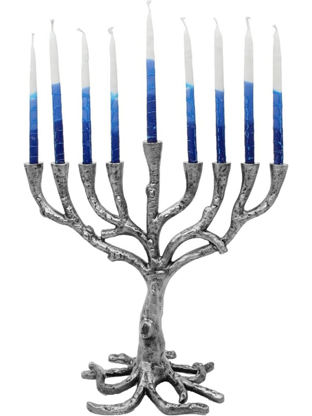 Textured Aluminum Tree of Life Menorah - Elegant Hanukkah Candle Holder (Silver)
